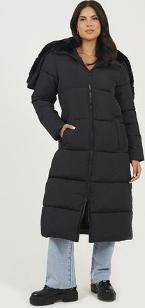 Brave Soul Womens Black Maxi Padded Jacket With Split Hood - Size 14 UK