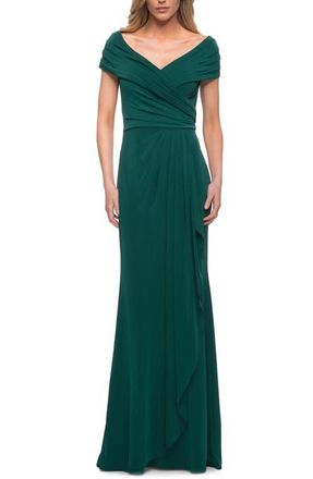 La Femme Ruched Jersey Long Gown with V-Neckline in Emerald at Nordstrom, Size 18
