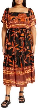 City Chic Talia Tie Belt Midi Dress in Black Tahitian Brd at Nordstrom Rack, Size Xxl/24W