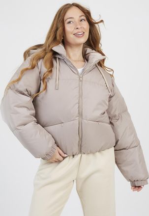 Brave Soul Womens Stone Oversized Hooded Short Puffer Jacket - Size 12 UK