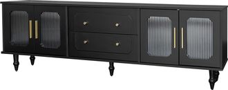 STILVORA Mueble Tv Con 4 Puertas De Vidrio Acanalado Y 2 Cajones Push-to-open, Patas De Metal, En Tablero De Part&iacute;culas, 175&times;38&times;55,5 Cm, Negro