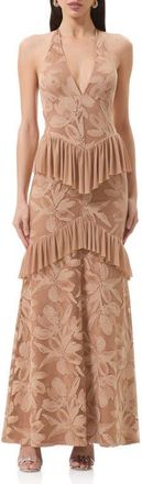 AFRM Athens Floral Lace Ruffle Halter Maxi Dress in Almond at Nordstrom, Size X-Small