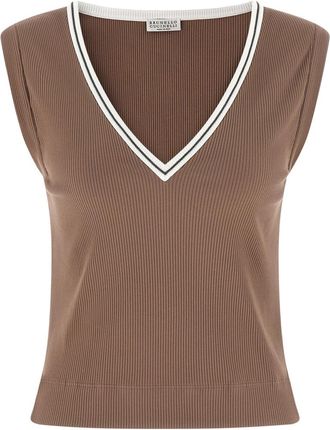 Brunello Cucinelli Brown Shiny Trim Tank Top