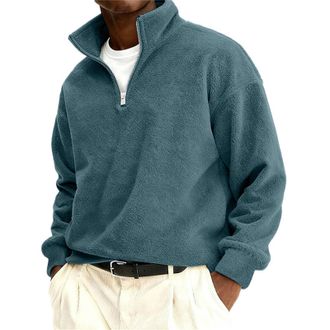 Generic Solid Quarter Zip Sweatshirt Mens Micro-fleece Mock Neck Fleece Jumper Retro Cotton Long Sleeve Heavy Winter V Neck Sweater Spring Smart Thermal Jumpe