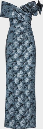 Teri Jon 3D Floral Metallic Jacquard Column Gown