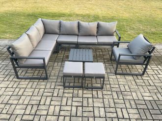 Fimous 9 Seater Aluminium Garden Furniture Set Outdoor Lounge Corner Sofa Chair Square Coffee Table Sets with 2 Small Footstools Dark Grey