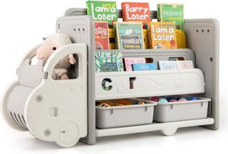Costway Kids Toy Storage and Bookshelf Car Themed Toy Storage Cabinet-Grey