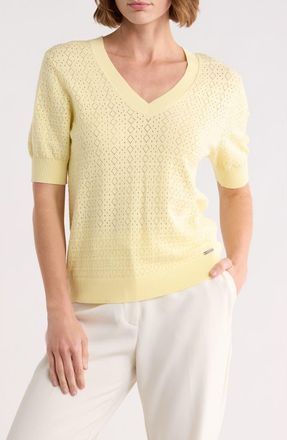 T Tahari V-Neck Mitered Pointelle Sweater in Yellow Butter at Nordstrom Rack, Size X-Small