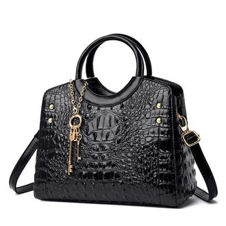 Generic Fashion Satchel Handbag for Women tote Top Handle Purse Crocodile Crossbody Bag Retro Ladies Large Shoulder Bag (Black)
