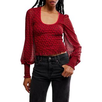 Free People Dottie Bow Print Sheer Sleeve Smocked Top in Salsa at Nordstrom Rack, Size X-Large
