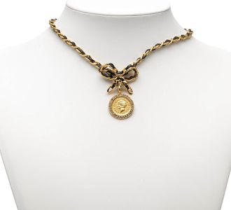 Chanel Pre-owned Womens Leather And Gold Plated Medallion Bow Pendant Necklace - Beige - One Size