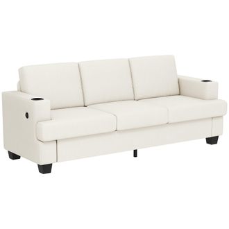 HOMCOM 3 Seater Sofa - Fabric Sofa with USB Ports and Cup Holders - - Cream | TJ Hughes