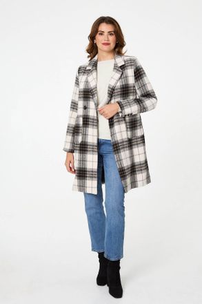 Izabel London Womens Beige Checked Double Breasted Longline Coat - Size 10 UK