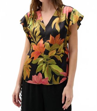 Joseph Ribkoff Butterfly Sleeves Tropical Satin Top In Black/multi