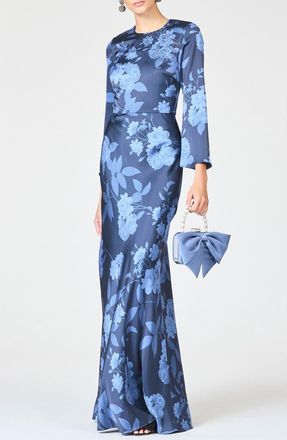 Sachin & Babi Alex Crystal Detail Floral Long Sleeve Satin Crepe Gown in Galaxy Roses at Nordstrom, Size 12