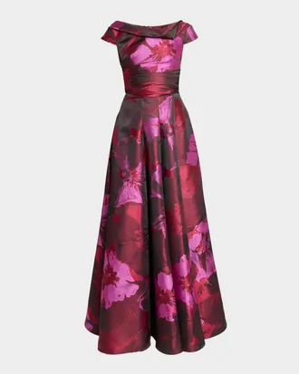 Talbot Runhof Hibiscus Jacquard Twisted High-Neck Ball Gown