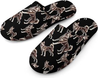 Generic Siberian Huskie Dog Flannel Mens Slip-on Slippers Winter Warm House Shoes with Rubber Sole for Home Hotel