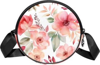 Generic Circle Crossbody Bag for Women, Floral Leaves Small Sling Bag Daypack with Zipper Adjustable Shoulder Straps Casual Ladies Girls Round Purse