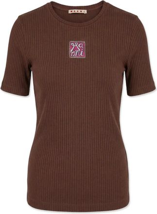 Marni Tops, Dames, Bruin, XS, Katoen, T-shirt met kleurrijk geborduurd logo