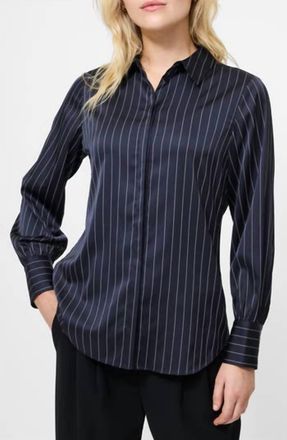 French Connection Satin Pinstripe Blouse In Black