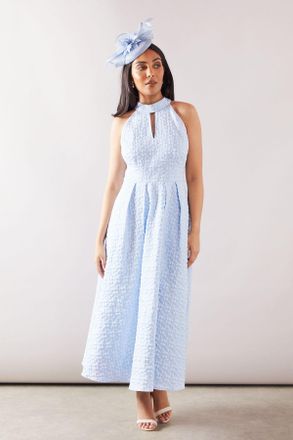 Wallis Womens Petite Floral Jacquard Halterneck Midaxi Dress - Blue - Size 12 UK