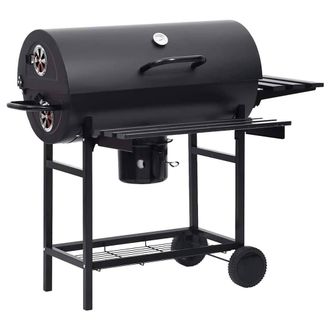Berkfield Home Barrel Grill with Wheels & Shelves Black Steel 115x85x95 cm | Size: 115 x 85 x 95 cm