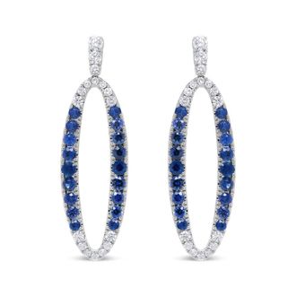 House of Brilliance 18K White Gold 1.11 Cttw Blue Round Diamond and Blue Sapphire Openwork Oval Shaped Dangle Earrings (F-G Color, VS1-VS2 Clarity)