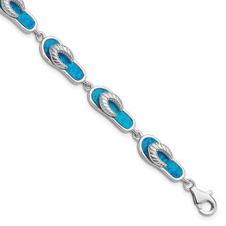 Diamond2Deal Sterling Silver Rhodium-plated 7in Created Blue Opal Inlay Sandal Bracelet 7