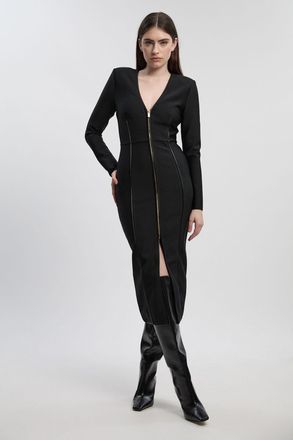 Karen Millen Womens Petite PU Tipped Detail Zip Through Bandage Knit Midi Dress - Black - Size 10 UK