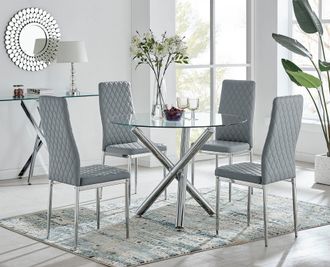 Furniturebox Selina Chrome Round Glass Dining Table & 4 Milan Dining Chairs in Grey | Size: 4 Person