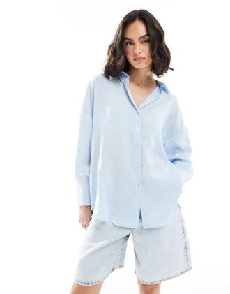 Only oversized long sleeve textured shirt in light blue