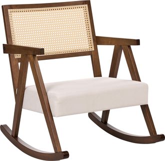 Beliani Sill&oacute;n Mecedora Tapizado Respaldo Con Trenza Vienesa Estilo Escandinavo Estructura De Madera De Caucho Tela Marr&oacute;n Y Beige Claro Rya