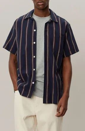 Les Deux Lawson Stripe Camp Shirt in Dark Navy/Light Camel at Nordstrom Rack, Size X-Large