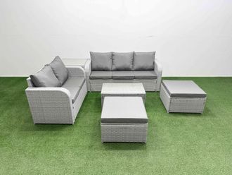 Fimous 7 Seater PE Rattan Wicker Garden Furniture Patio Conservatory Sofa Set w/ Rectangular Coffee Table 3 Seater Sofa Love Sofa 2 Big Footstool