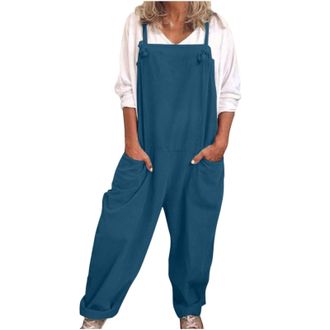 Generic Dungarees for Women UK | Loose Breathable Cotton Linen Jumpsuits & Playsuits Classic Elegant Solid Pockets Baggy Overalls Adjustable Strap Square Neck