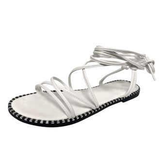 Generic Cocila Summer Sandals Women Ladies Fashion Leather Thin Strap Combination Ankle Flat White, 5.5 Wide Fit Shoes Womens Stylish Cream Size 6 Sparkly Foo