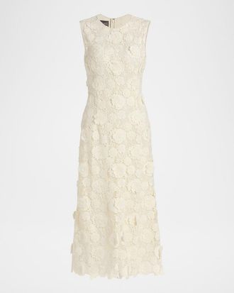 Monique Lhuillier 3D Flower Guipure Sleeveless Midi Dress