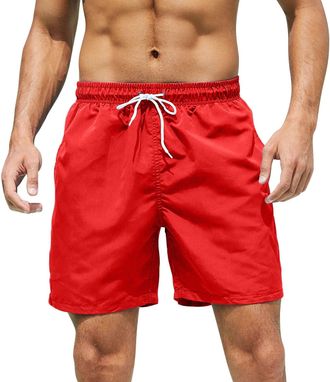 Generic Mens Double Layer Swimming Trunks, Summer Lightweight Regular Fit Solid Color Board Shorts, Breathable Quick-Dry Hawaiian Beach Shorts, Drawstring Ela