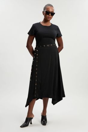 Karen Millen Womens Plus Size Drapey Crepe Hanky Hem Eyelet Detail Maxi Skirt - Black - Size X-Large