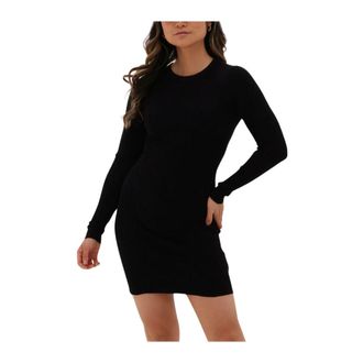 Calvin Klein Kleedjes, Dames, Zwart, L, Badge Gebreide Mouwen Jurk