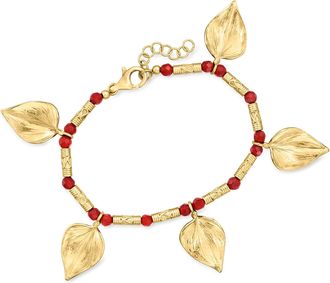 Ross-Simons Red Carnelian Bead Leaf Bracelet in 18kt Gold Over Sterling