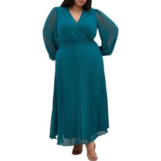 City Chic Sheer Finley Long Sleeve Chiffon Dress in Jade at Nordstrom, Size Xxs