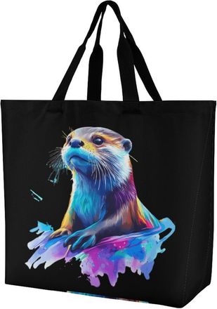 Generic Otter Watercolor Reusable Shopping Bags One Shoulder Grocery Tote Bag Waterproof Big Purse for Work Travel