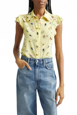 Alice & Olivia Martel Flutter Sleeve Blouse In Lucky Star
