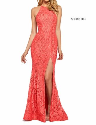 Sherri Hill Stretch Lace High Slit Halter Gown Dress In Coral