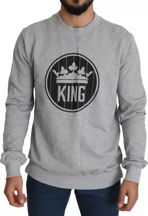Dolce & Gabbana Gray Crown King Print Cotton Pullover Mens Sweater