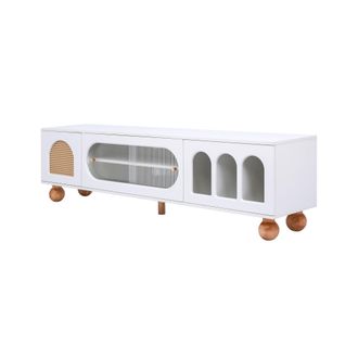 STILVORA Mueble De Tv Con 3 Nichos Abiertos, Puertas Efecto Rat&aacute;n Y Vidrio, Puerta Corredera De Cristal, Blanco, 170&times;47&times;37 Cm