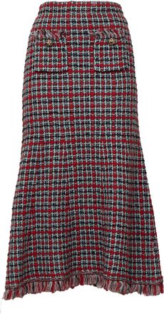 Self Portrait Red Check Frayed Knit Midi Skirt