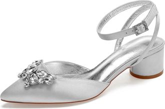 Generic Heels Wedding Shoes Pointed Toe Slingback Bridal Low Block Heels Comfortable Prom Evening Formal Party Shoes 4.5Cm,Silver,9 UK