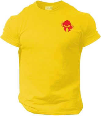 Generic Blood Spartan Helmet T Shirt Pocket Gym Clothing Bodybuilding Training Workout Exercise MMA Top - Red Print (UK, Alpha, 3XL, Regular, Regular, Yellow)